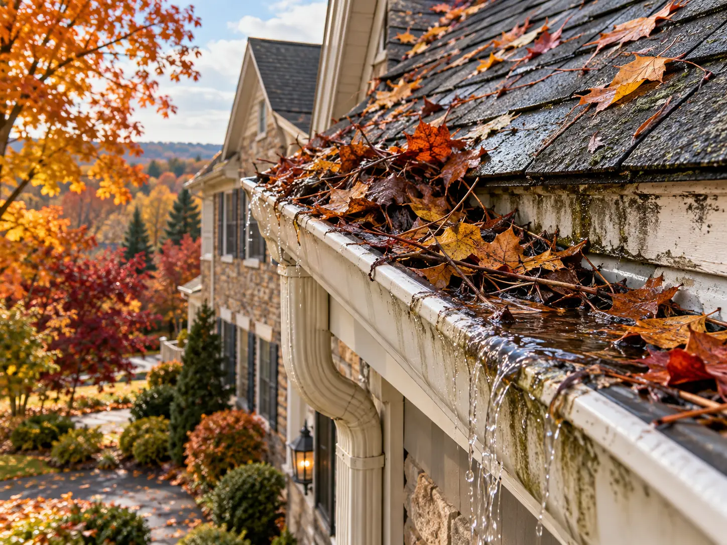 Clogged overflowing gutters causing roof damage on a Bucks County PA home